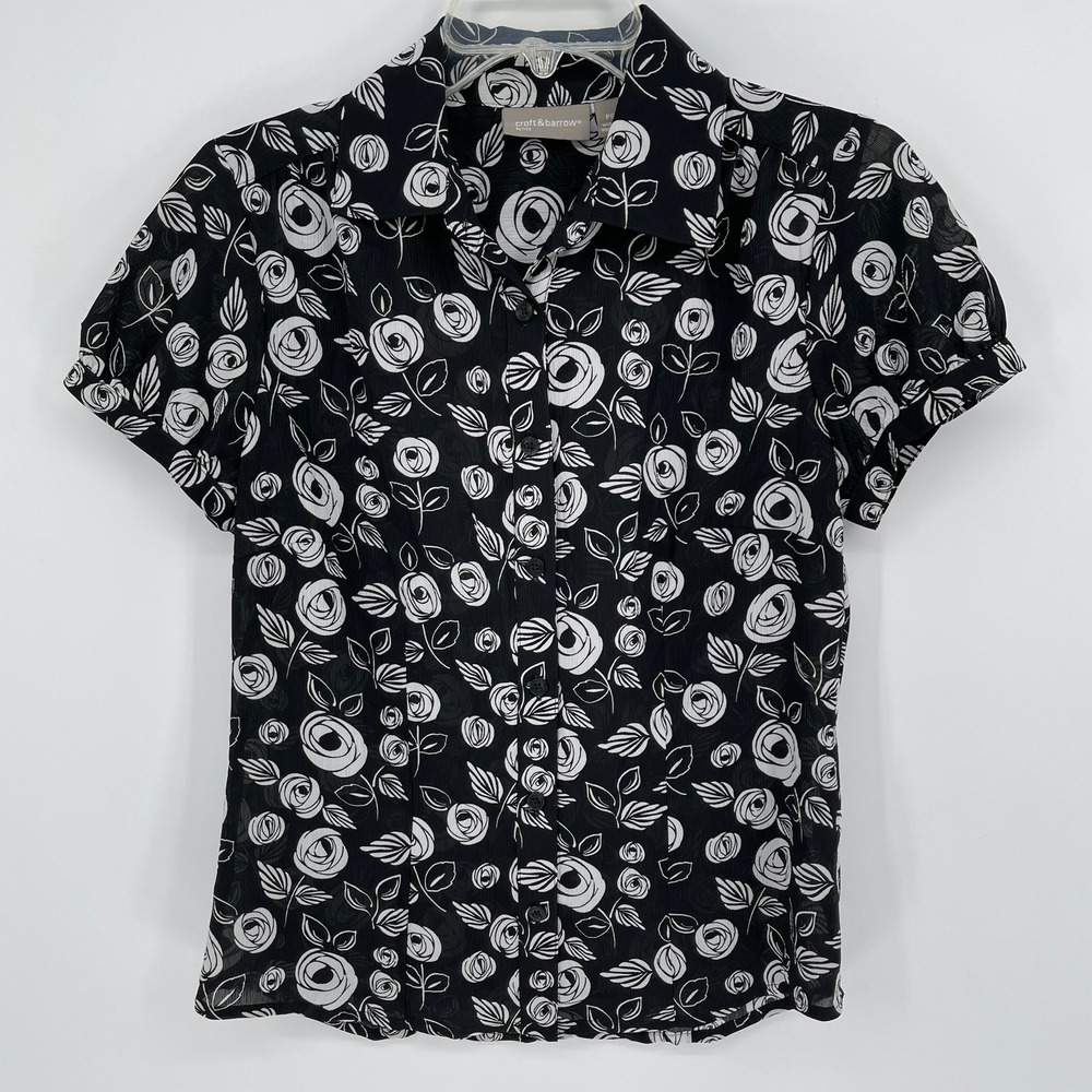 Croft‎ & Barrow Women's Black Sheer Floral Button Up Short Sleeve Blouse Size PS
